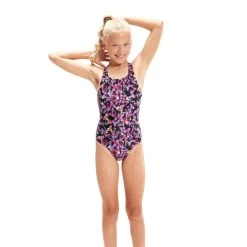 Speedo Girl's Allover Medalist Swimsuit - Black/Pink