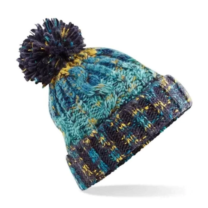 Beechfield Corkscrew Pom Pom Beanie Marine Splash 3 Beechfield Corkscrew Pom Pom Beanie Marine Splash
